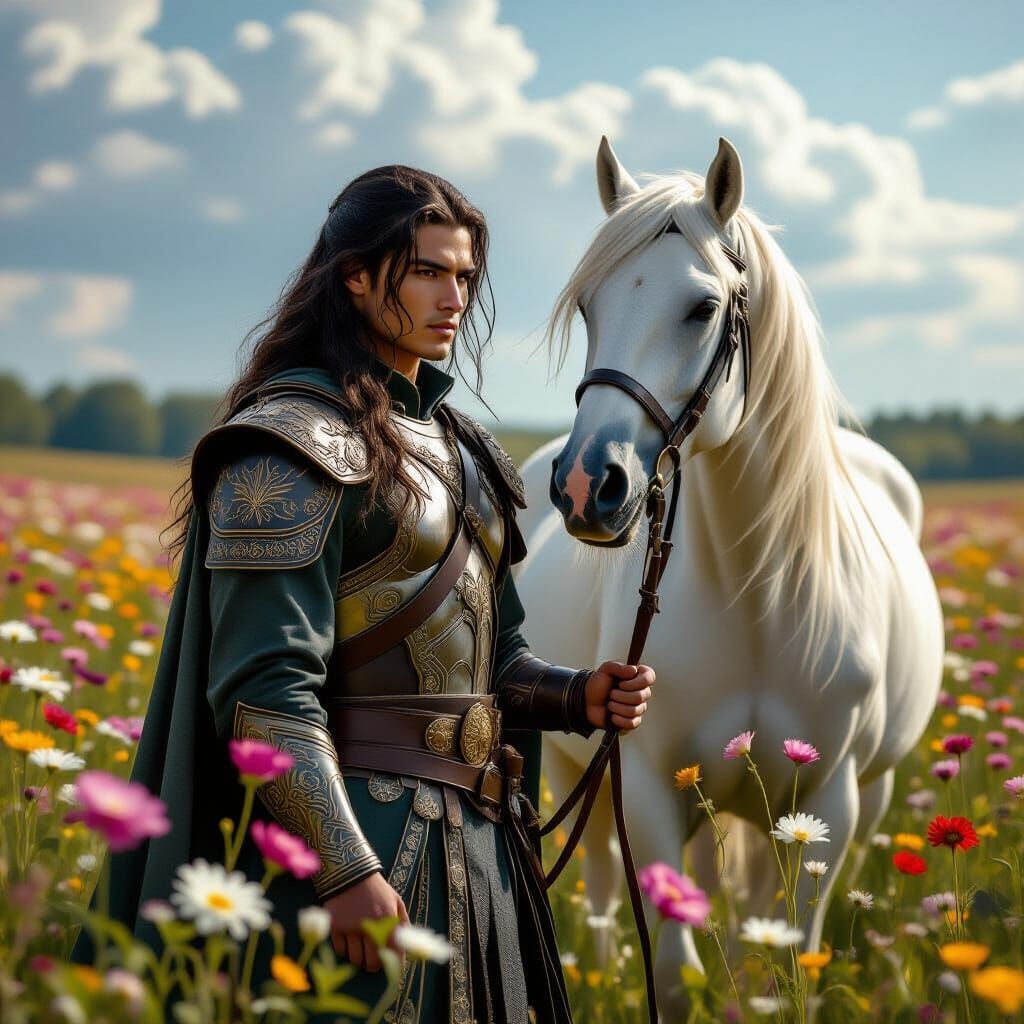 Warrior and White Horse in Flower Field