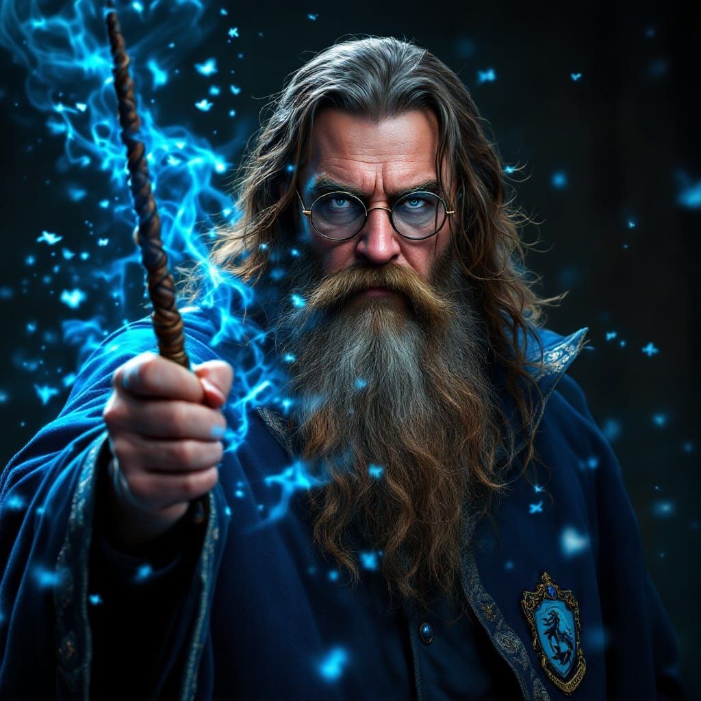 Stoic Ravenclaw Wizard Unleashes Blue Magic