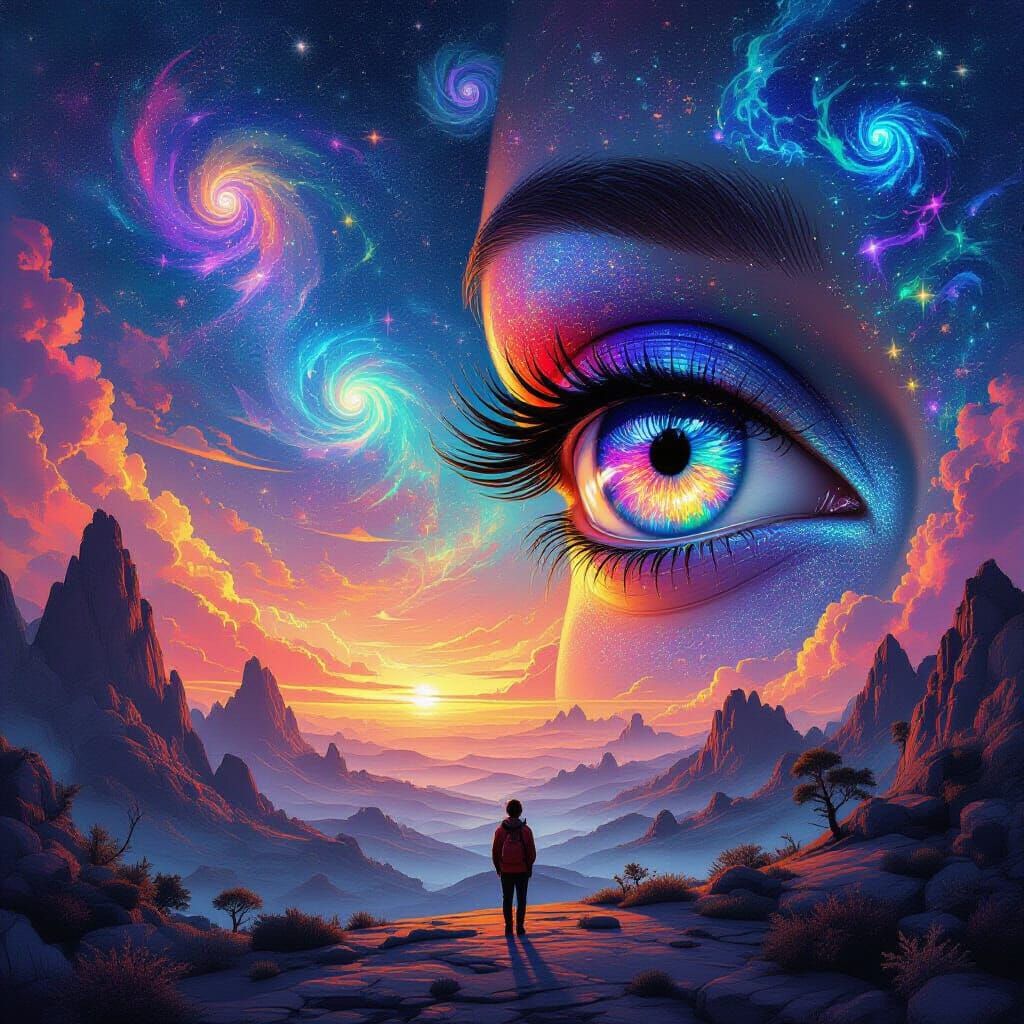 Psychedelic Cosmic Landscape with Giant Eyes in 8K