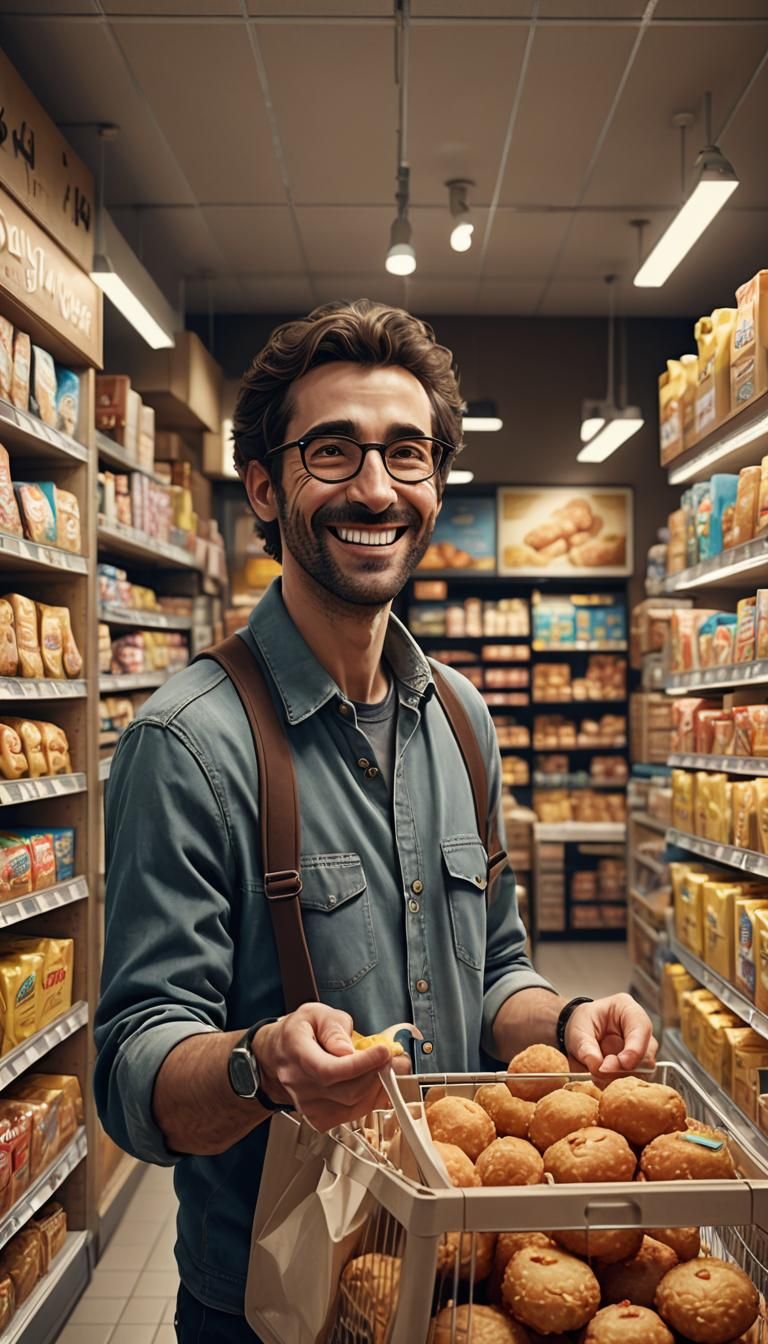 Man Smiles with Croquettes in Pet Store: Photorealism
