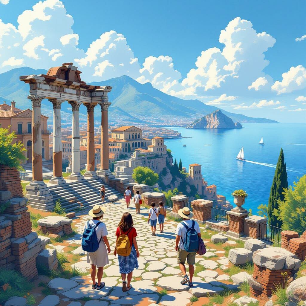 Tourists Visit Roman Ruins in Anime Art Style
