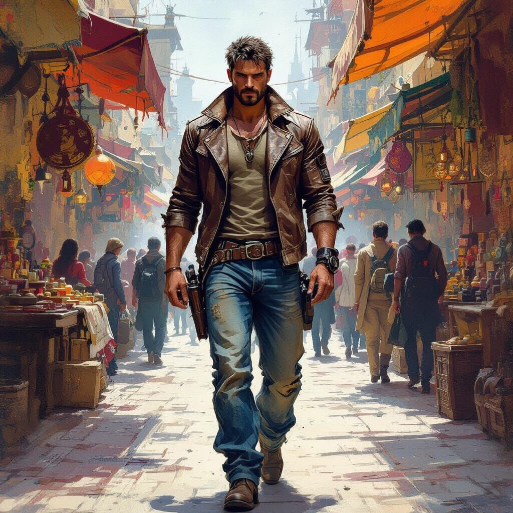 Mercenary in Marketplace, Frazetta & Mead Inspired