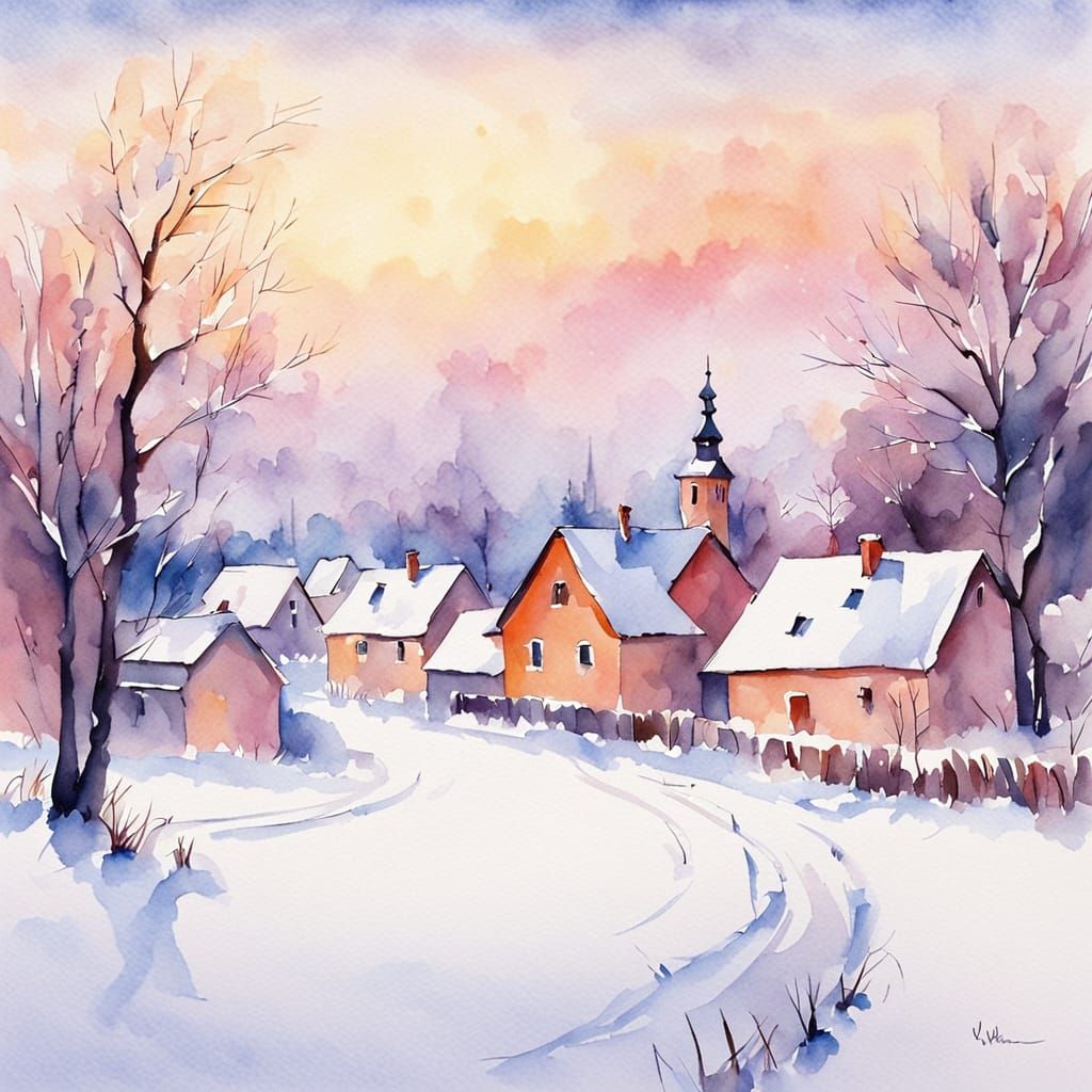 Winter Scene in Poland, Whimsical Watercolor Style