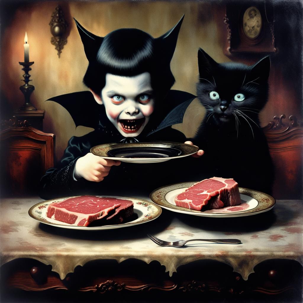 Delighted Vampire Points at Beef, Vintage Photograph