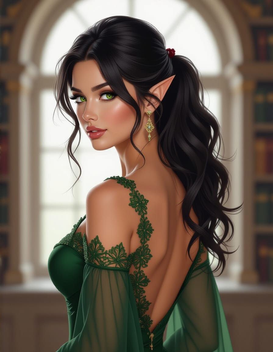 Detailed Portrait of a Mature Elf Woman with Wavy Black Hair