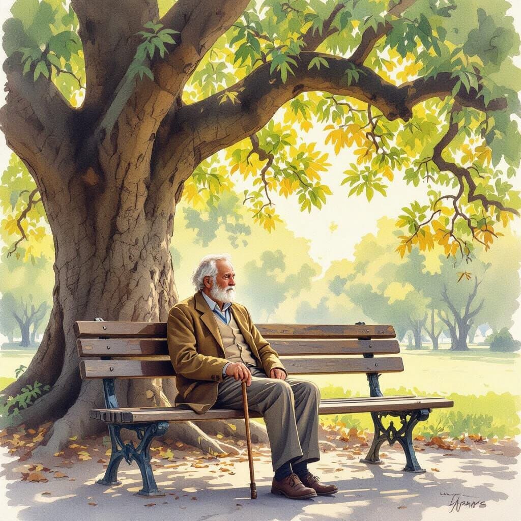 Elderly Man on Park Bench Under Banyan Tree