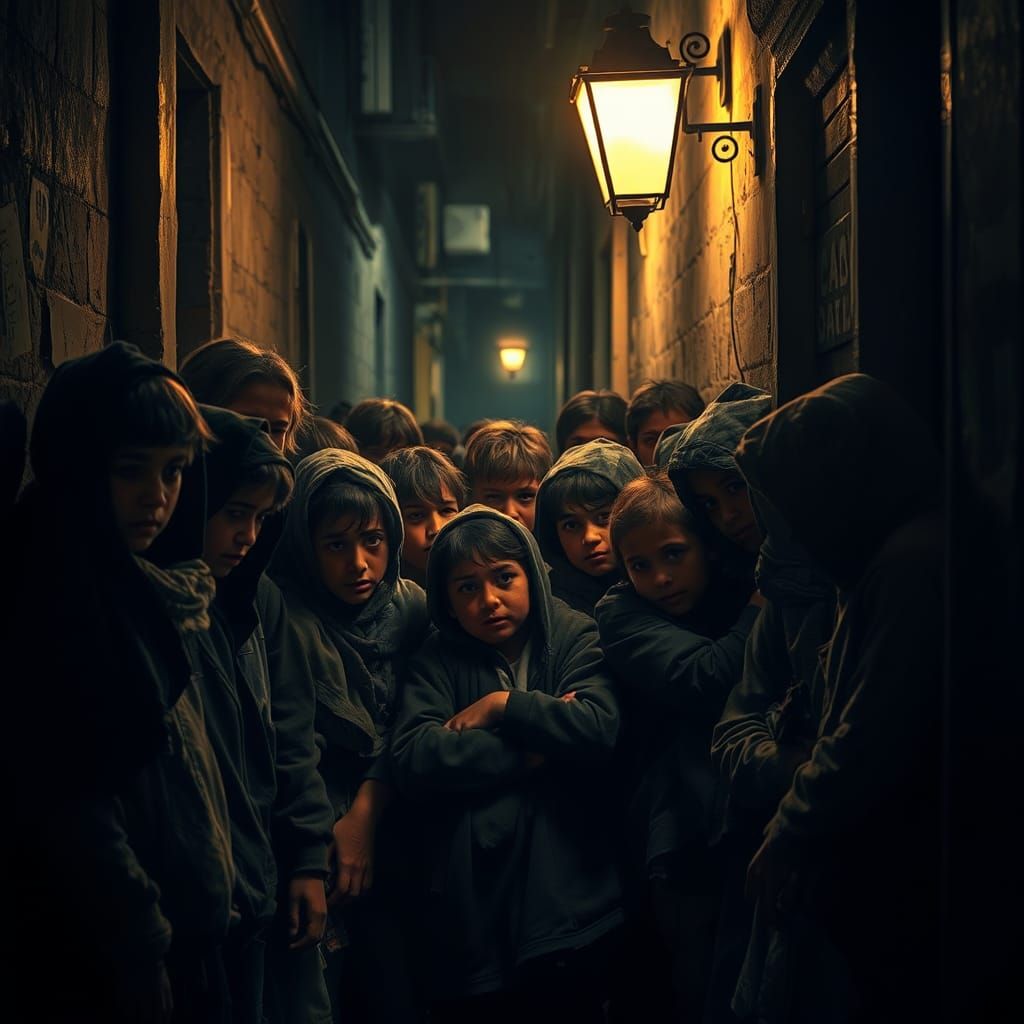 Homeless Children in Alleyway, Hyperrealistic Photography