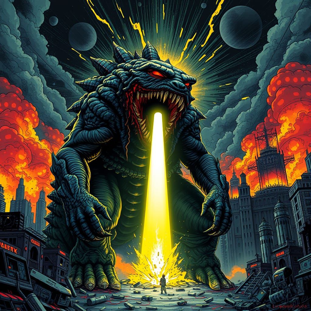 Gocilla exhaling an atomic ray through his mouth