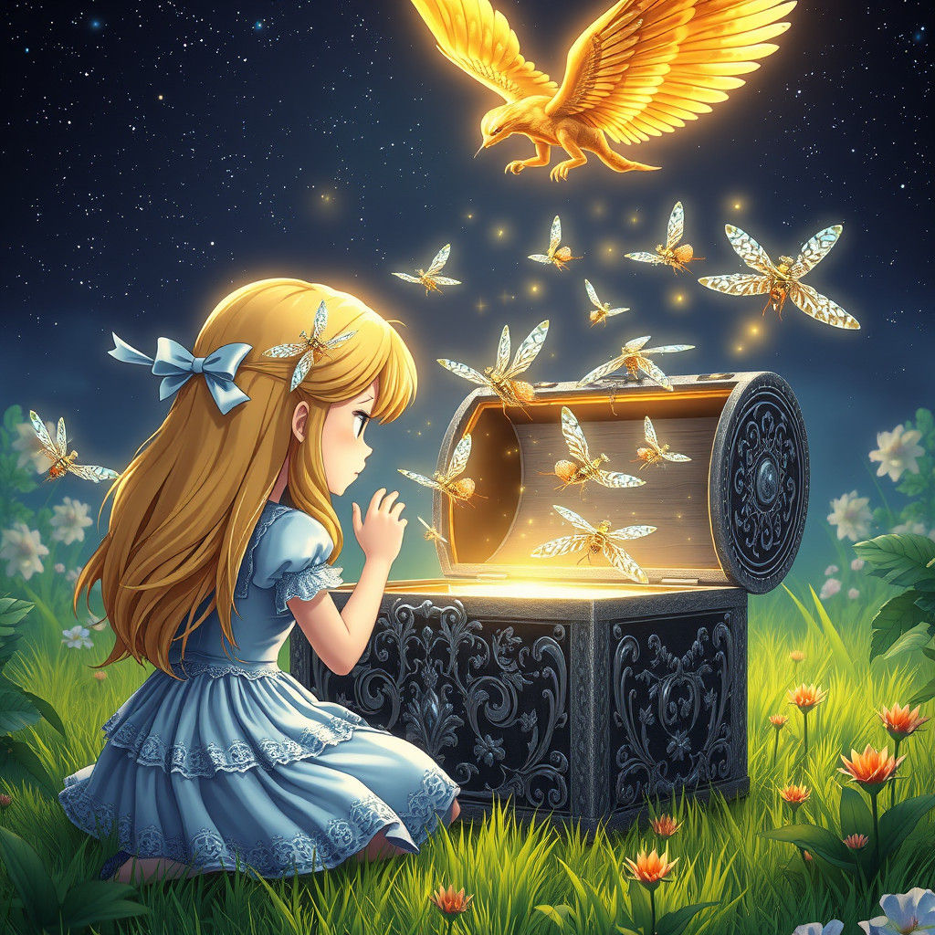 Alice and Dragonflies in Starry Anime Dreamscape