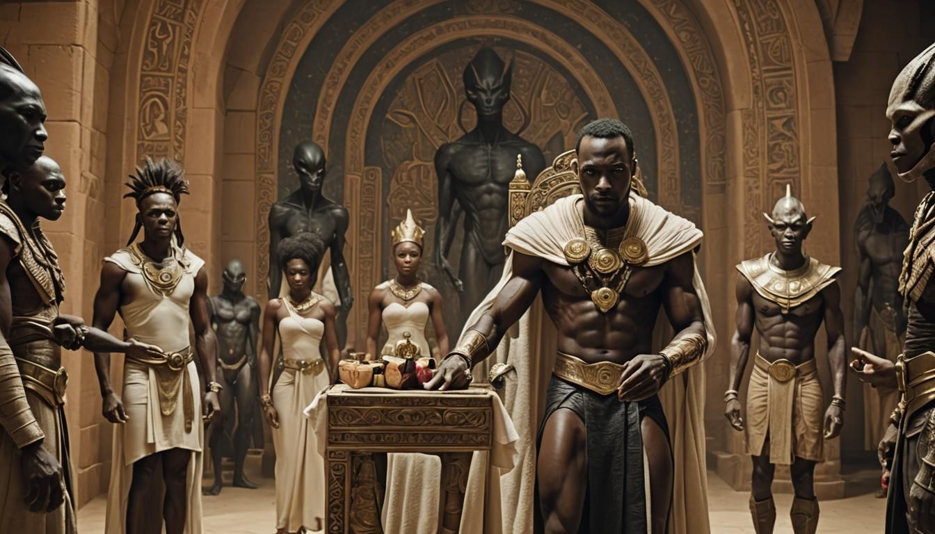 Space Aliens Visit Nubian King in Throne Room