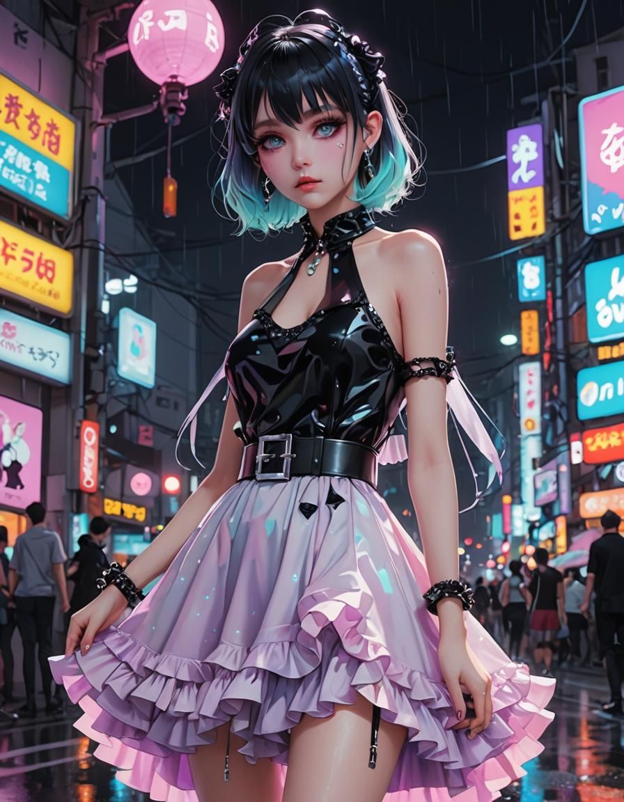 Pastel Goth Dress in Neon Lights: 3D Anime Art