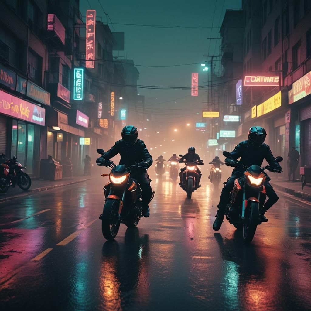 Neon Motorcycles Speeding Through Misty City Street
