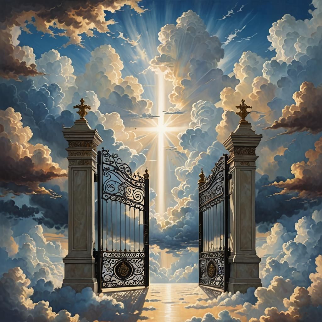 Pearly Gates Shrouded in Heavenly Clouds