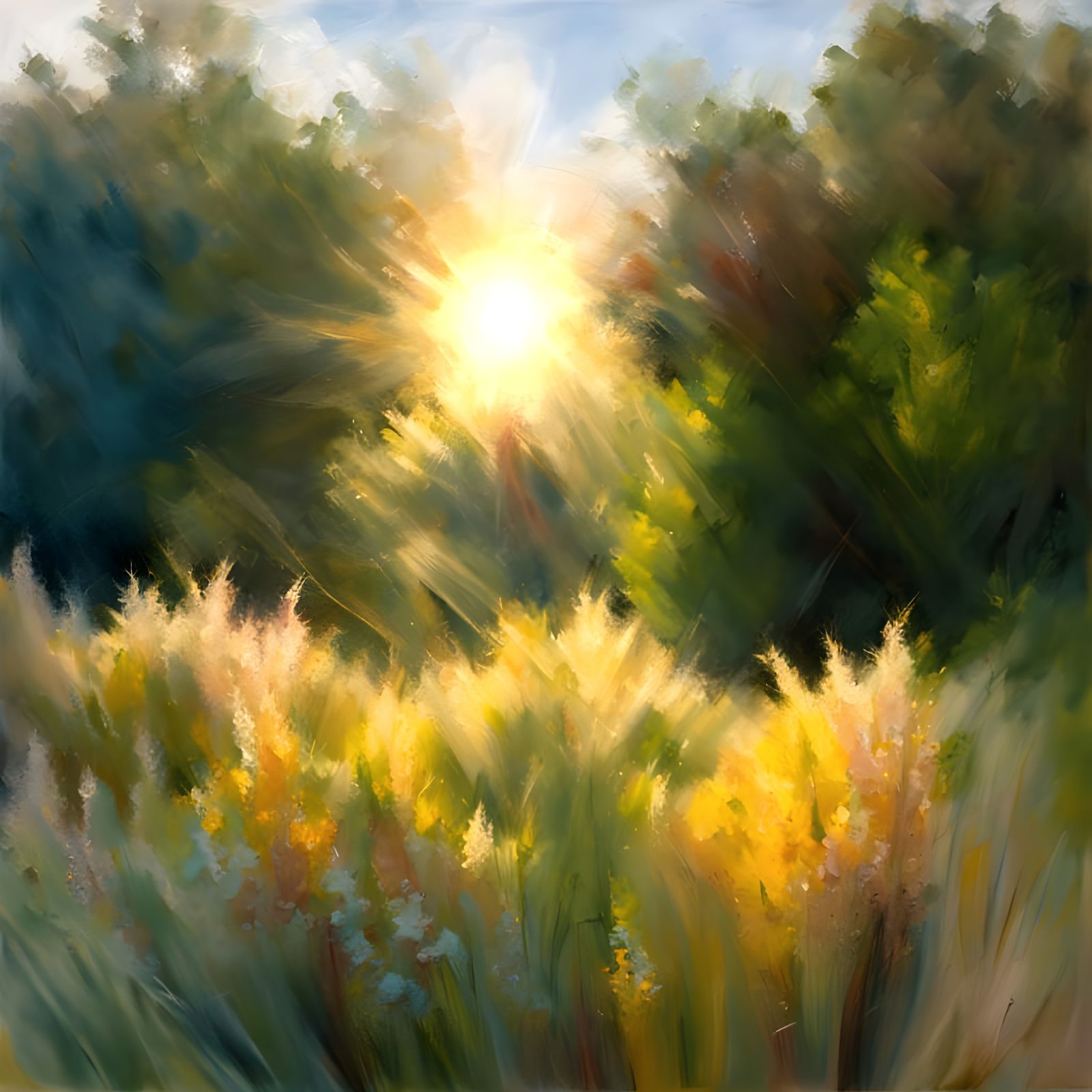 Vibrant Meadow Sunrise with Sun Rays
