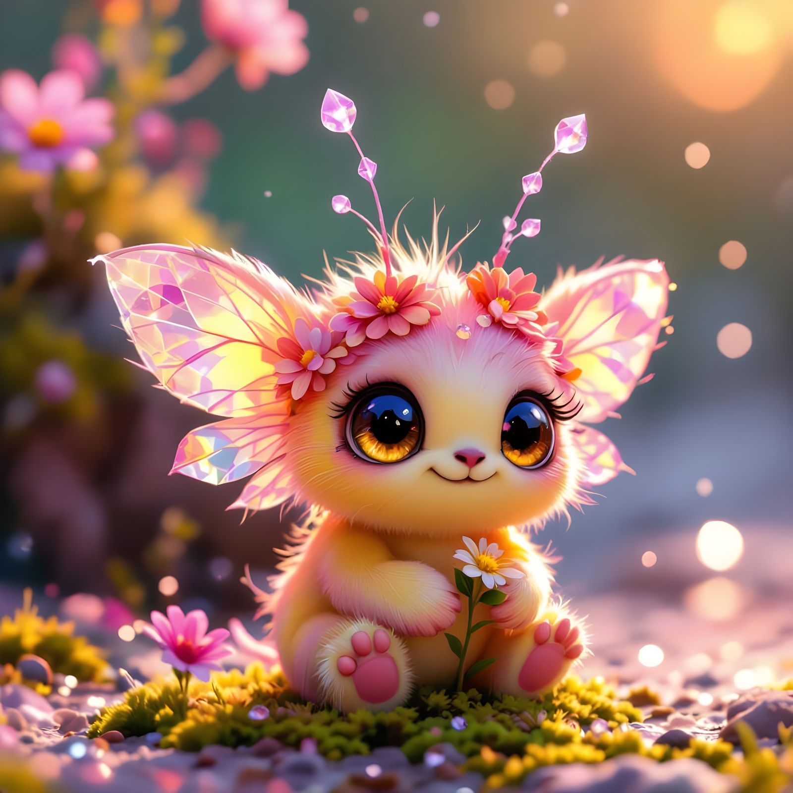 Cute Fuzzy Pink Creature with Crystal Antennas