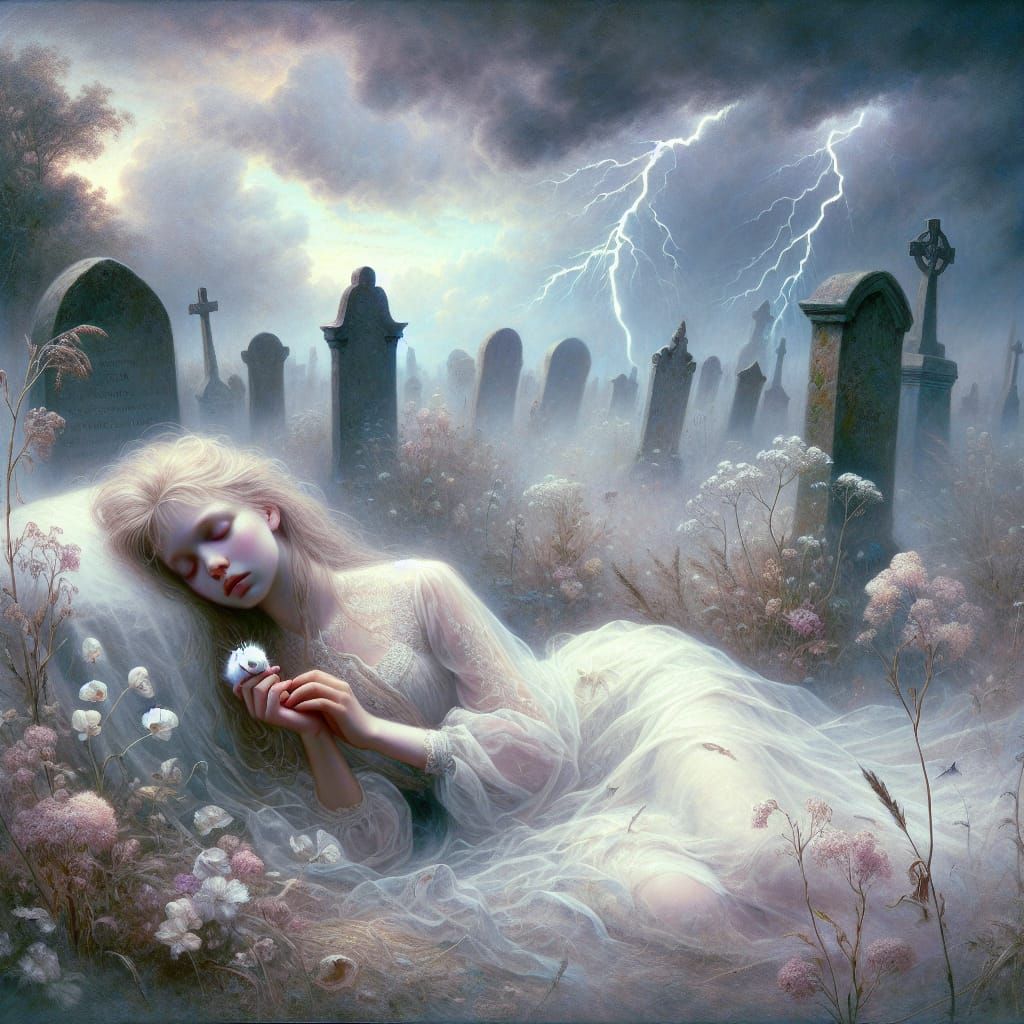 Ethereal Woman Sleeping in Graveyard, Impressionist Style