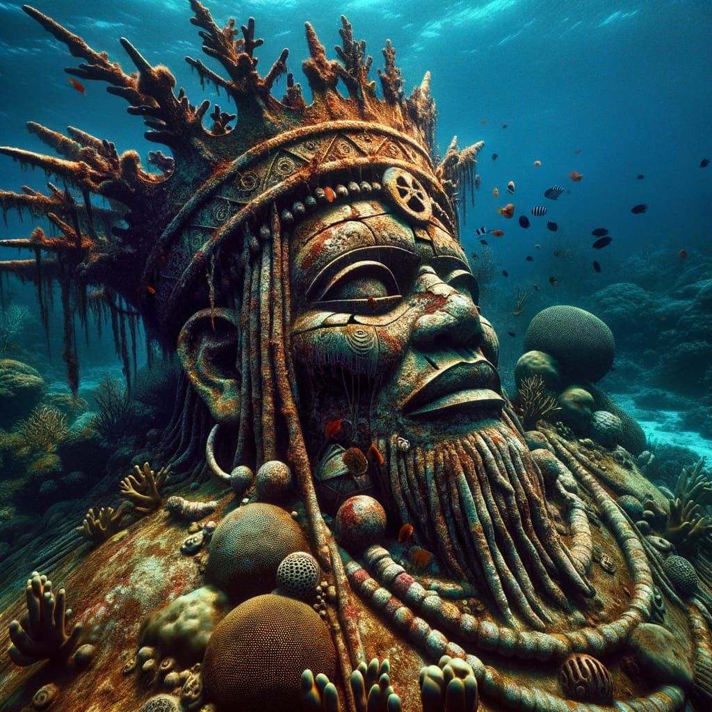 Ocean Floor Voodoo Chief Statue in Surreal Oil Painting Styl...