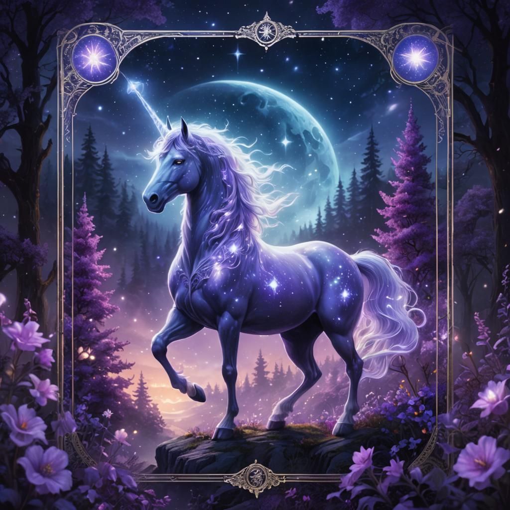 Glowing Unicorn Patronus Tarot Card in Purple Forest