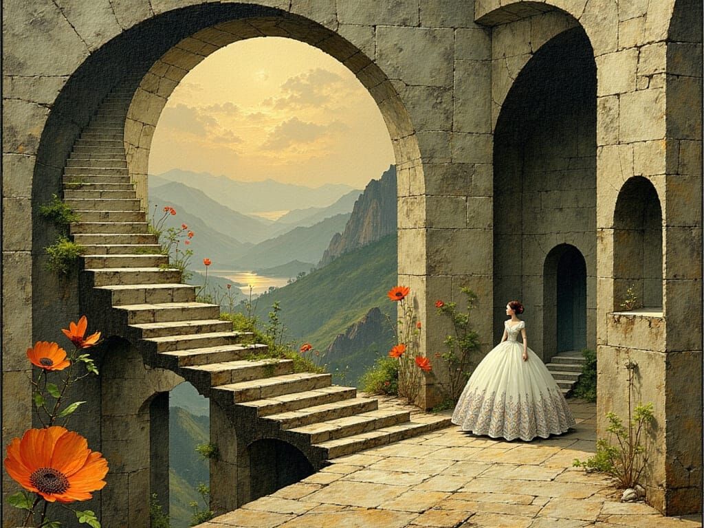 Surreal Descent Through Escher-Inspired Staircase