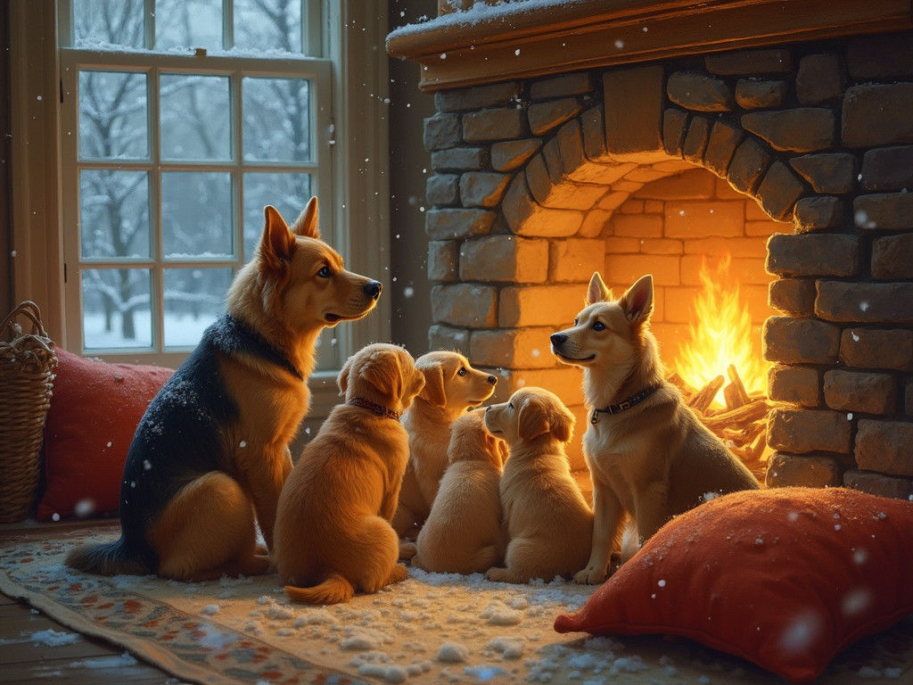 Dogs Tell Stories Around Fireplace, Rockwell Style