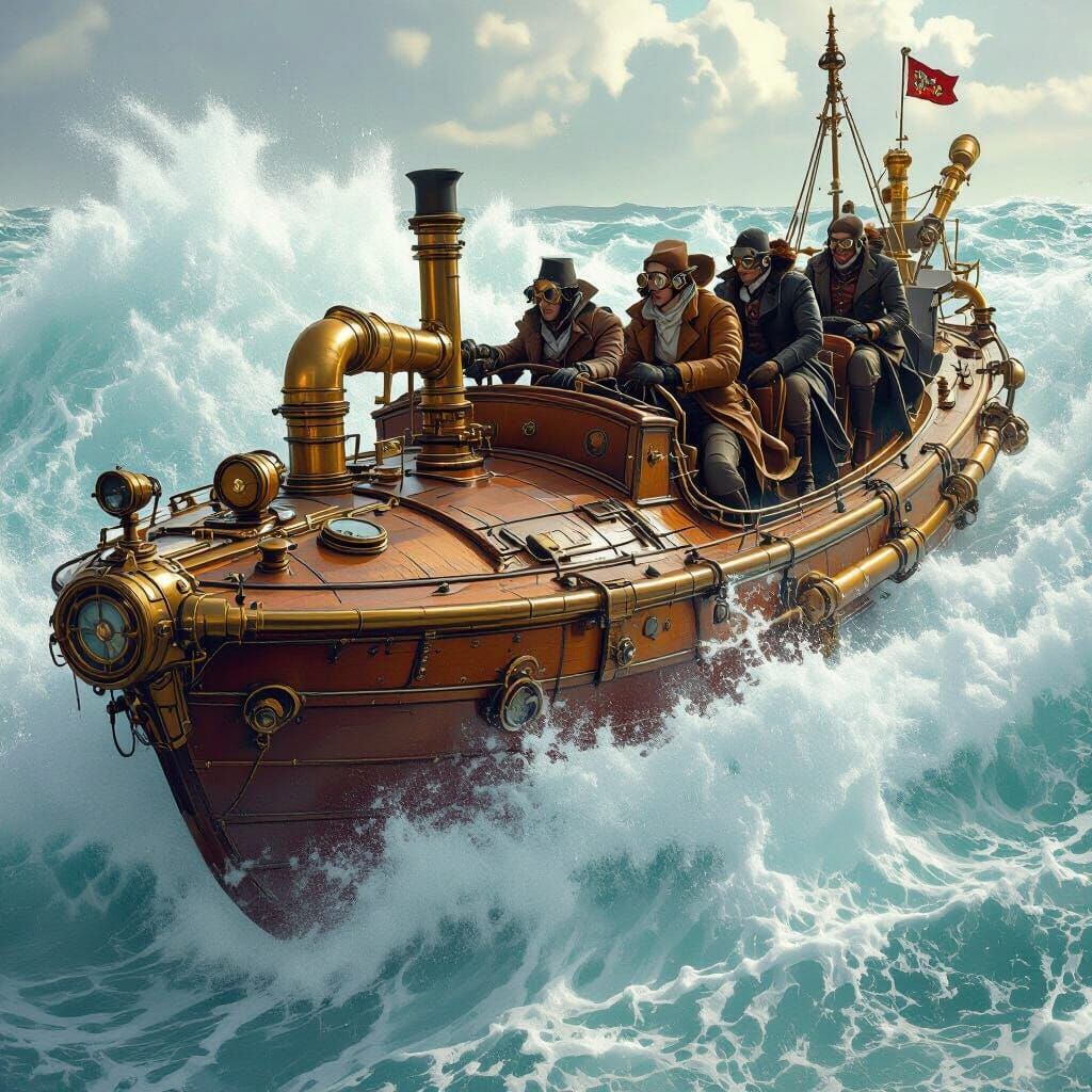 Steampunk Boat on Raging Wave in Retrofuturist Style