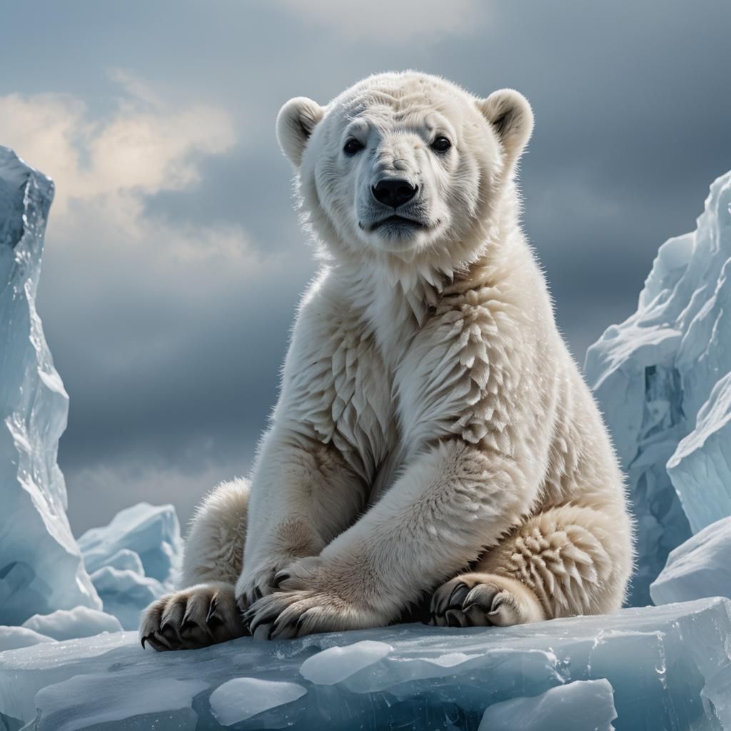 Hyperrealistic Polar Bear Cub on Iceberg