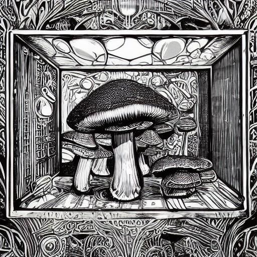 Fly Agaric Mushroom in Shop Window, Linocut Style