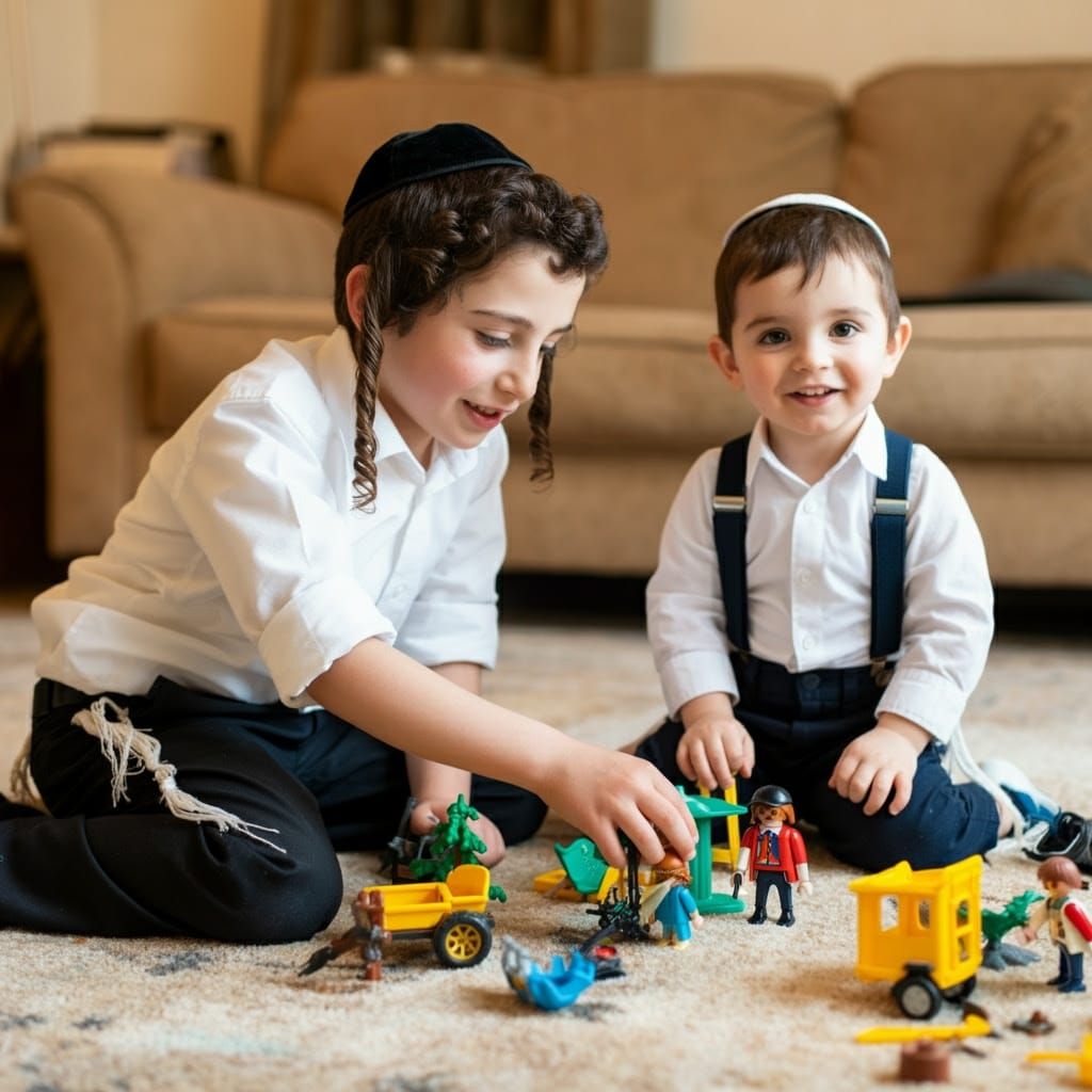 Hasidic Boys Playing with Toys in Cozy Home