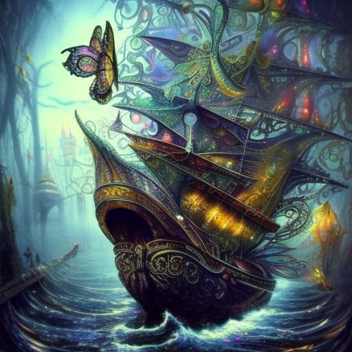 Enchanted Pirate Ship with Butterfly Reliefs