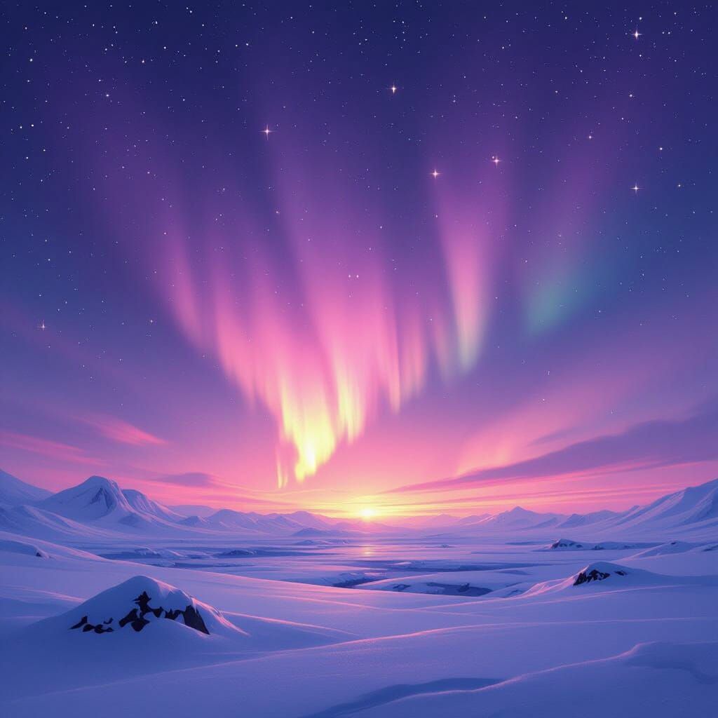 Pink Aurora Borealis Over Arctic Snowscape in Digital Painti...