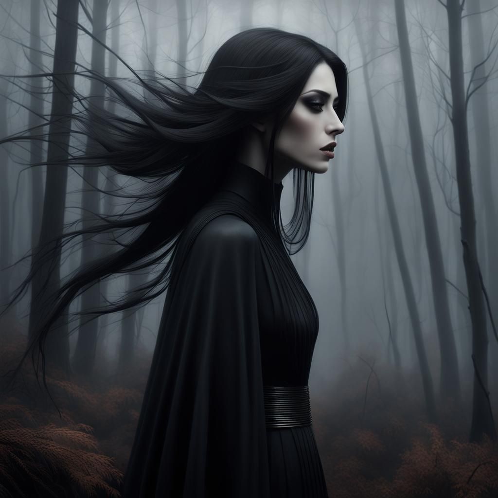 Ethereal Woman in Dark Forest, Hyperrealistic Dark Fantasy
