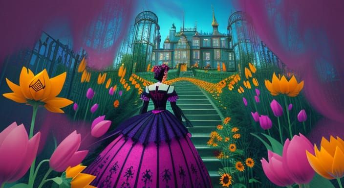 Surreal Meadow with Strange Creatures and Mansion