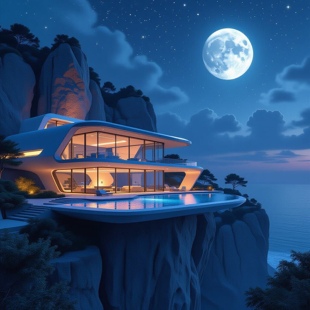 Futuristic Cliffside Villa Under Starry Sky in 3D
