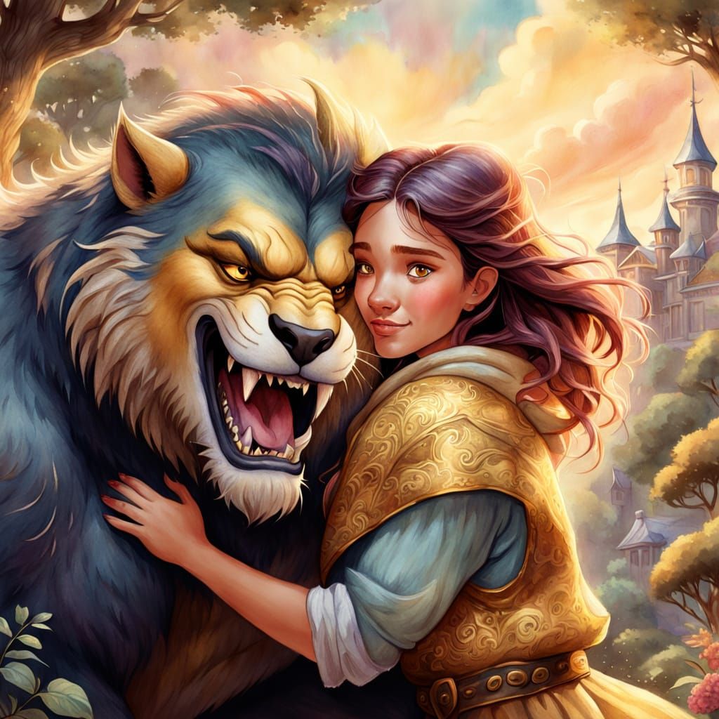 Girl Hugging Beast in Watercolor Storybook Style