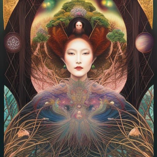 Mycelium Network Woman in Forest, Detailed Digital Art