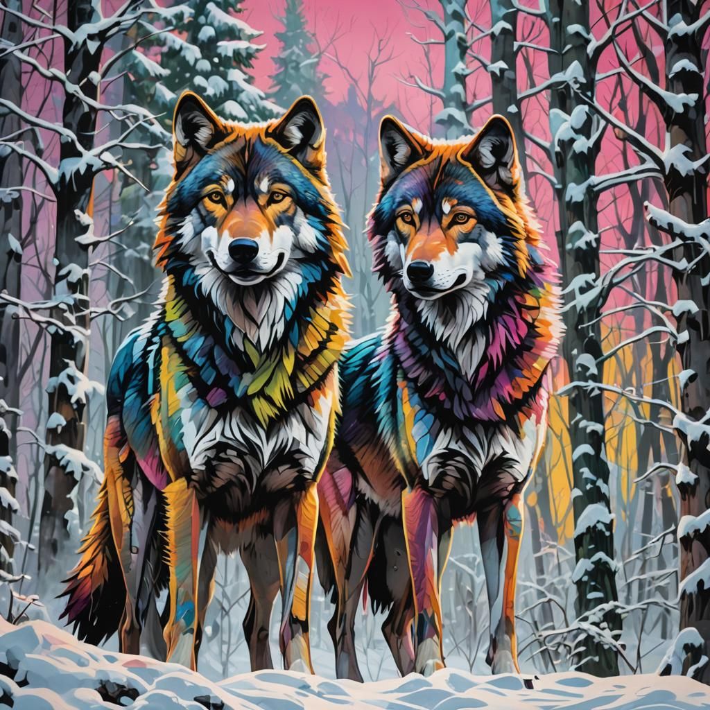 Wolves in Snowy Forest: Graffiti Art Style