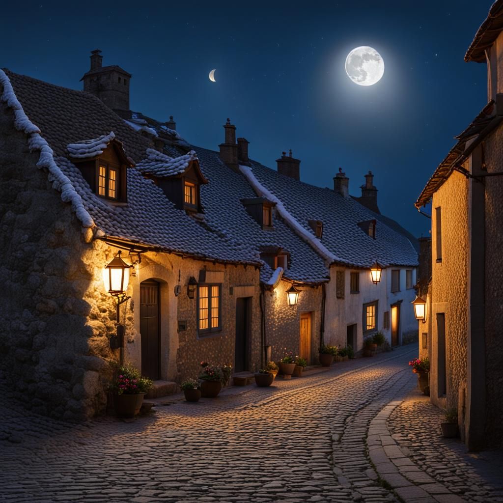Moonlit Village with Cobblestone Street