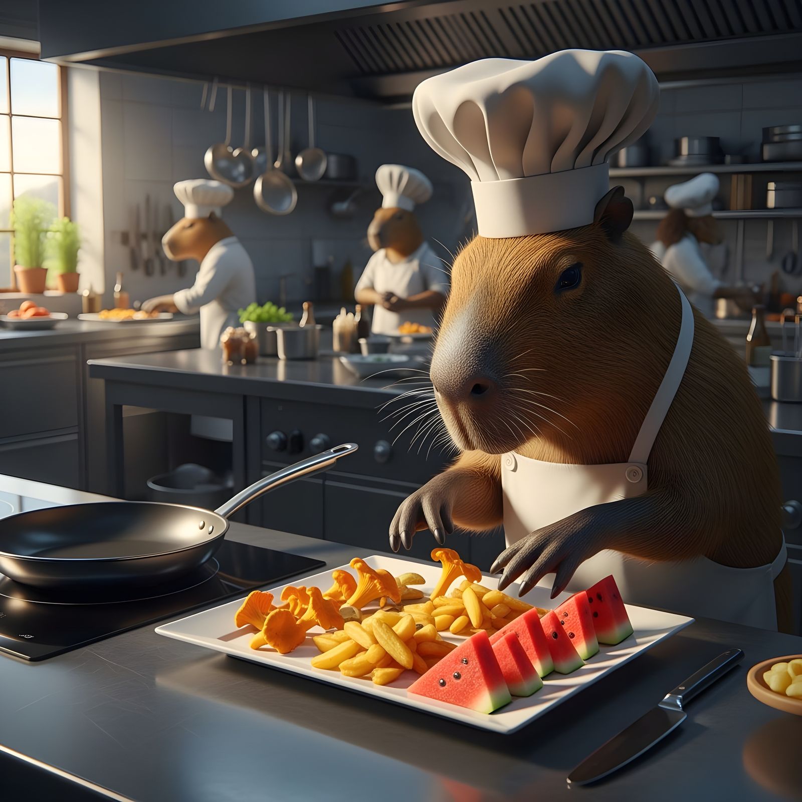 Capybara Chef Prepares Gourmet Meal in Hyperrealistic Style