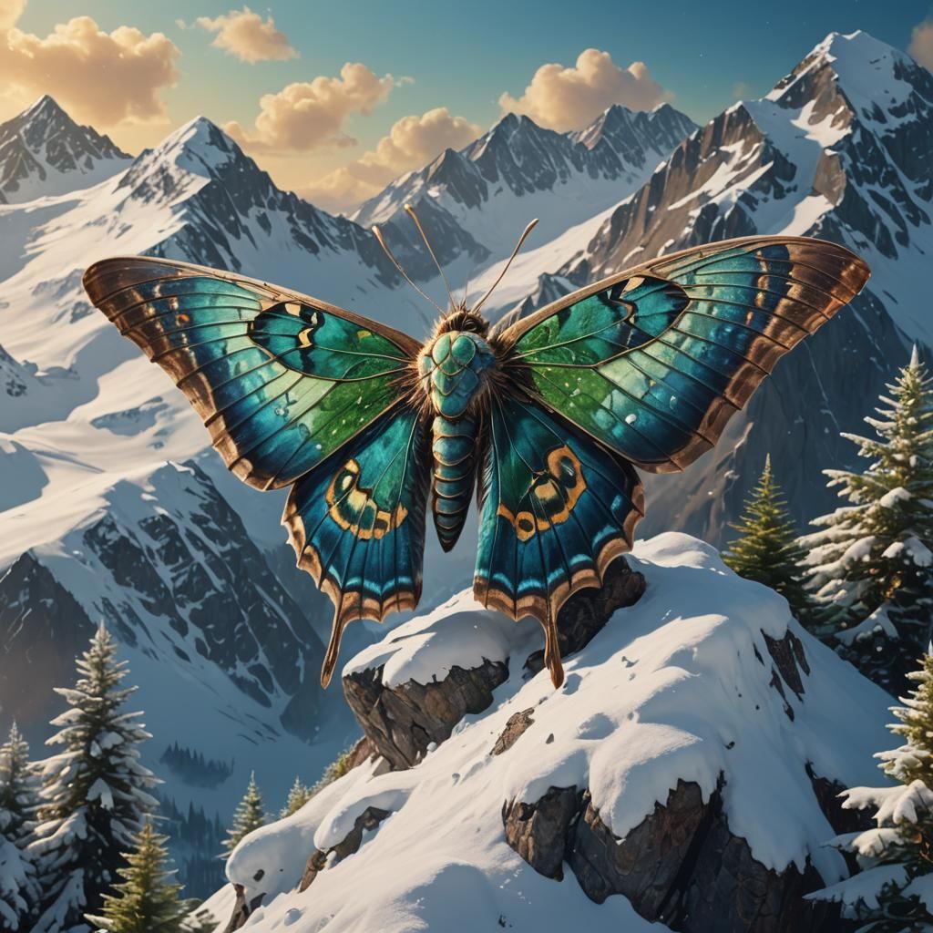 Giant Moth Perched on Alpine Mountain Peak