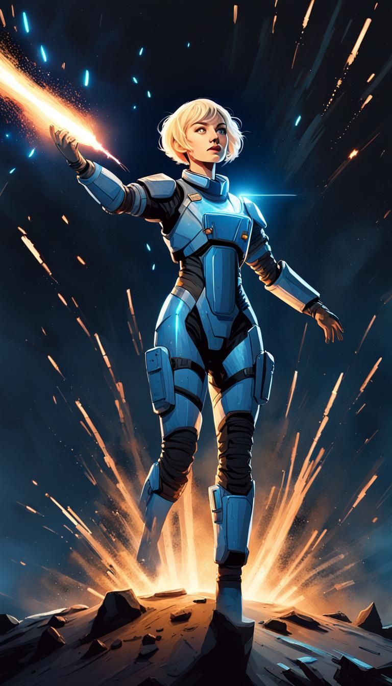 Astronaut Woman Firing Flare on Asteroid Surface