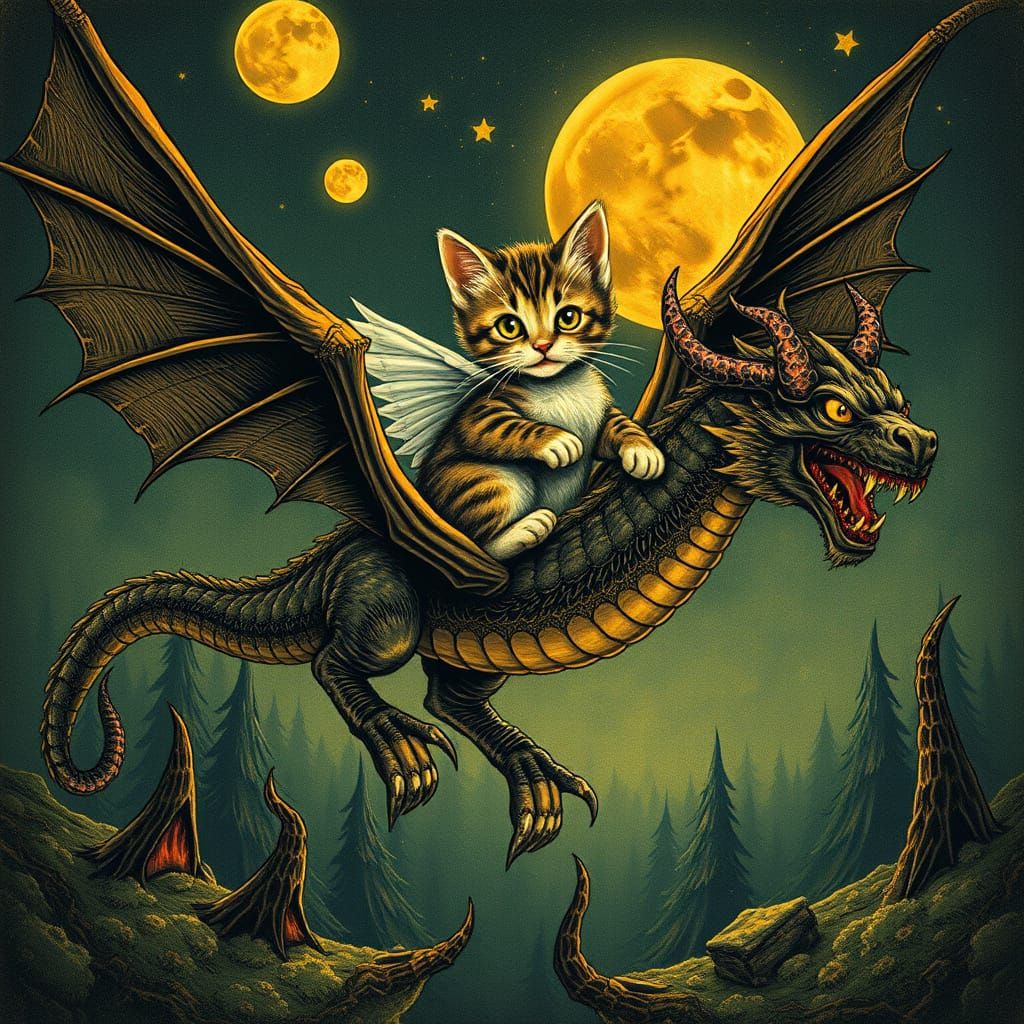 Kitten Rides Dragon in Demonic Forest Illustration