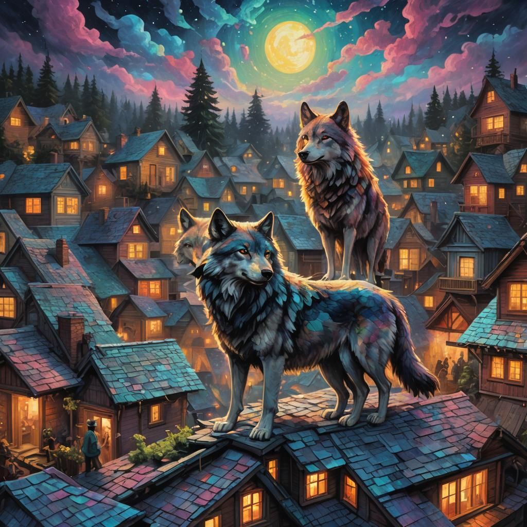 Wolf Party on Roof in Neo-Impressionist Style