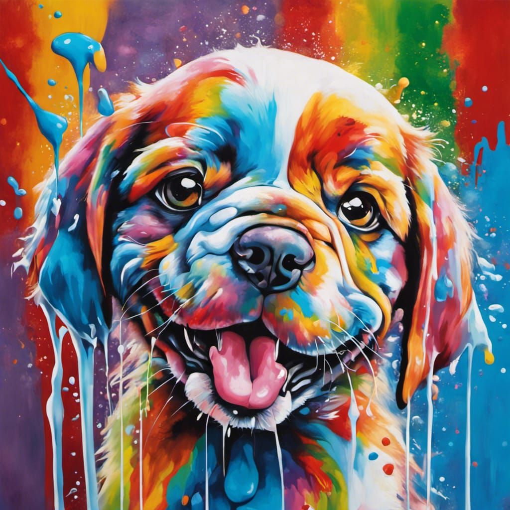 Rainbow Puppy Graffiti Art with Blue Eyes