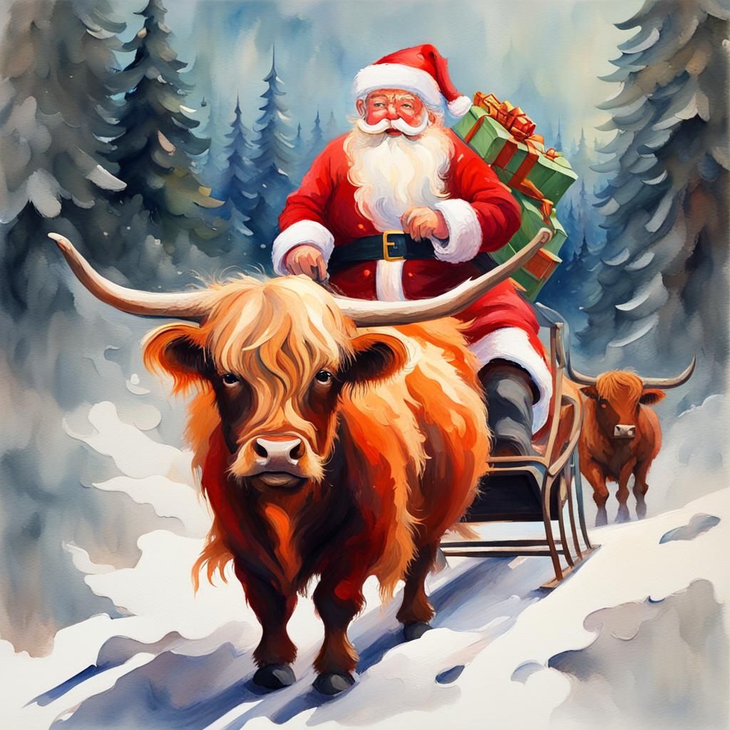 Santa on Highland Cow: Gouache Impressionist Masterpiece