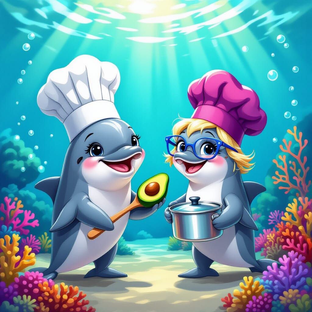 Chef Dolphins Cooking with Avocado and Pot
