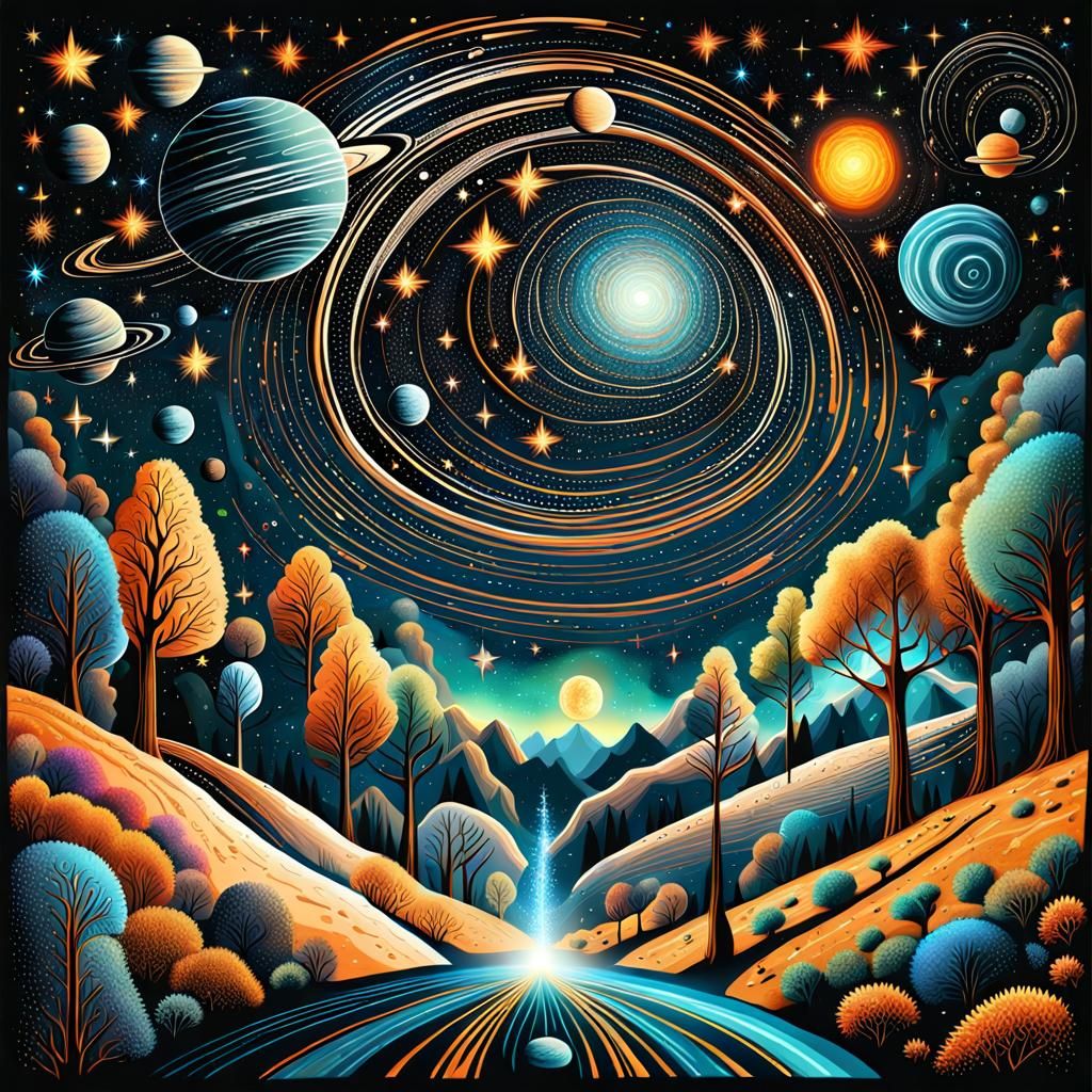 Star Paths Over Milky Way: Cosmic Folk Art