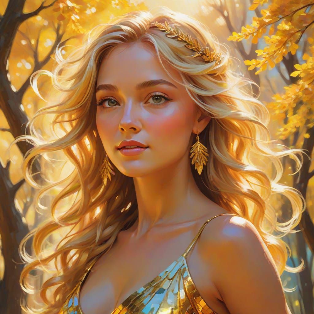Golden Goddess Dancing in Sunlit Forest