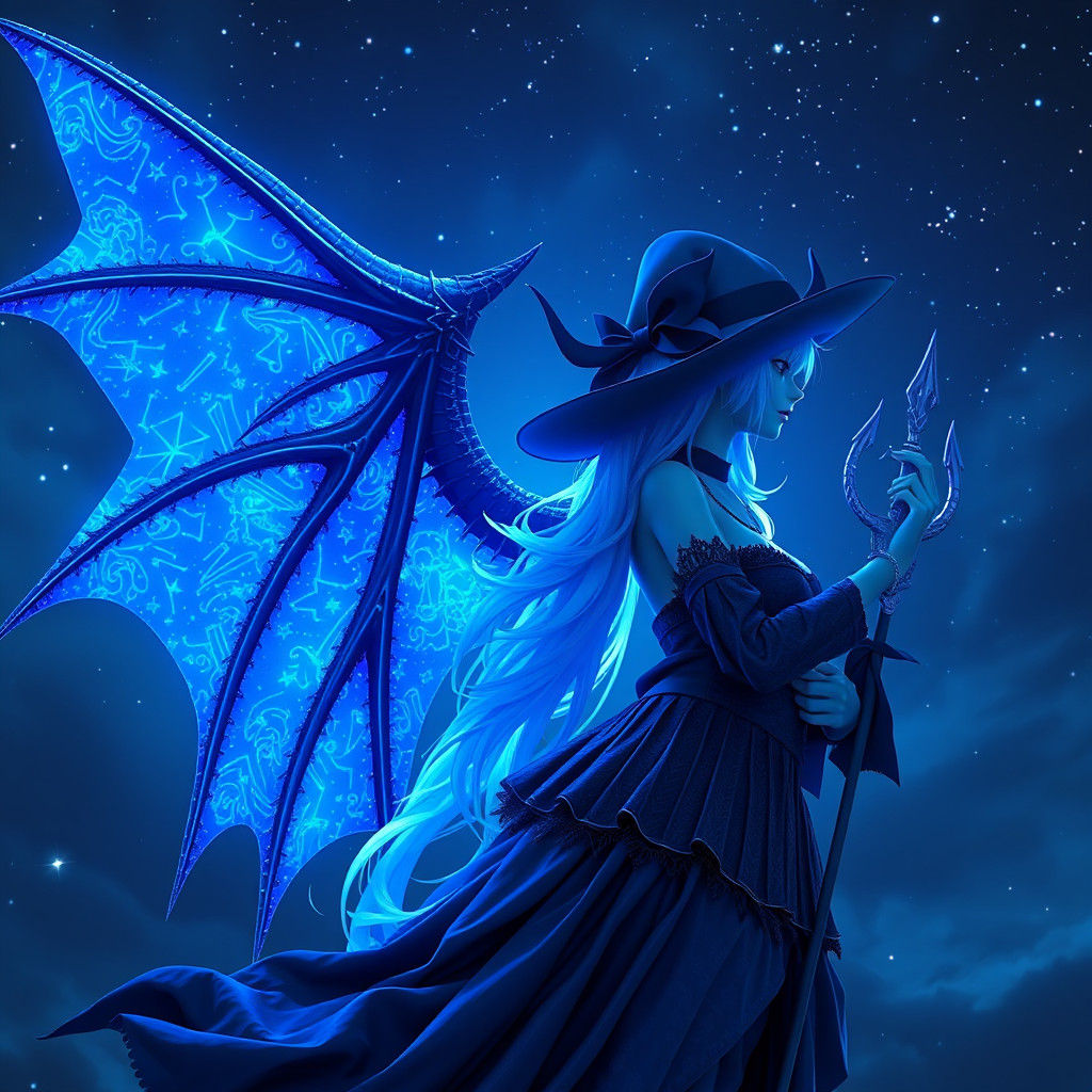 Anime Witch with Dragon Wings in Starry Night