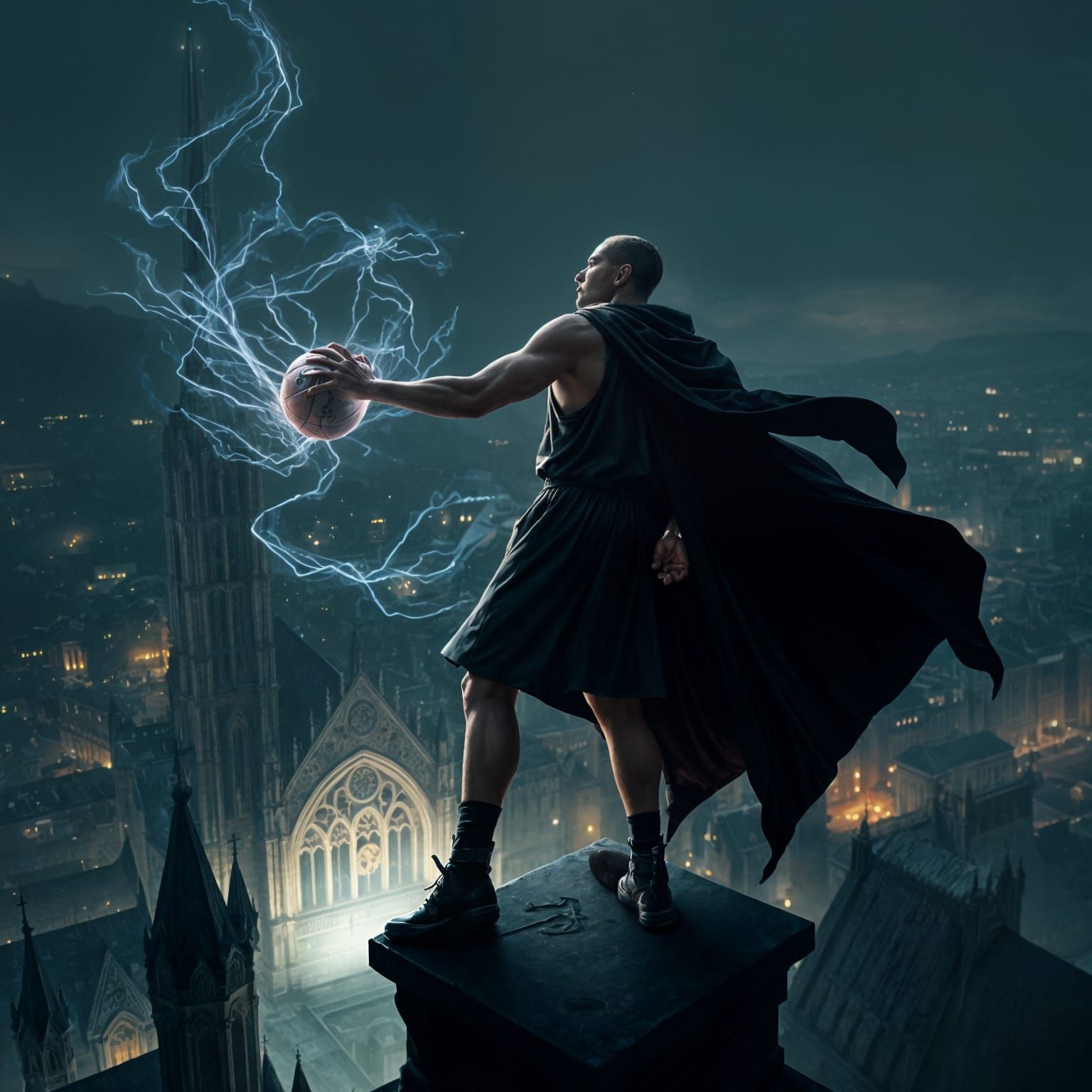 Gothic Basketball Player with Shadow Power in Dark City
