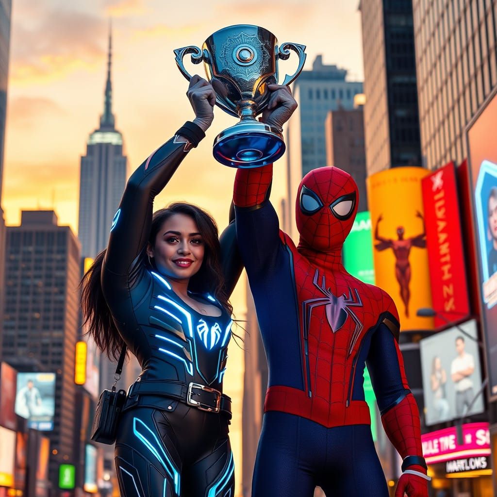 Sleek Superhero Duo Triumphs in Neon-Lit Manhattan